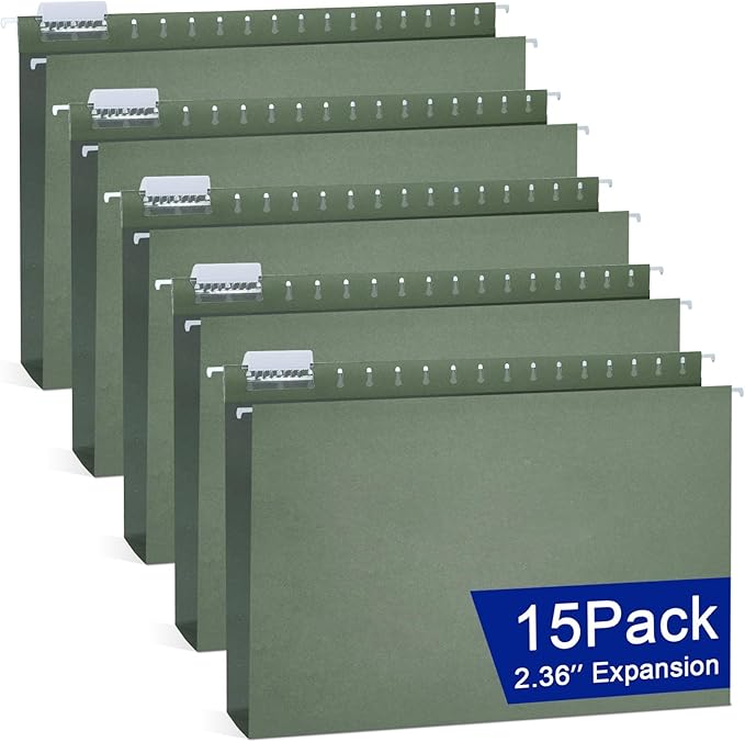 gisgfim 15 Pack Reinforced 11x17 Hanging File Folders 1/5 Cut Heavy Duty Hanging File Folders with Plastic Tabs & Label Cards Expanding Hangers File Organizer for Drawing Engineering Document (Green)