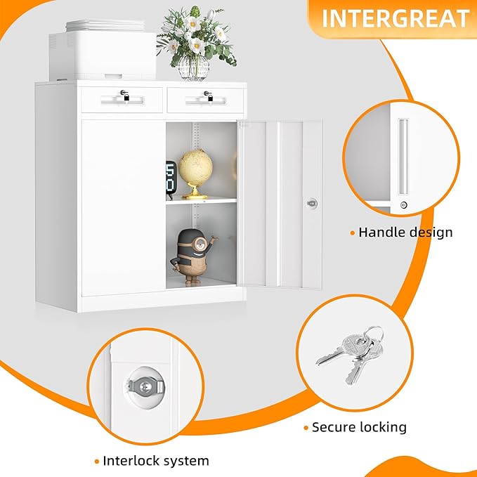 INTERGREAT Metal Cabinet with Drawers, Lockable Metal Storage Cabinets with Doors and Shelves for Garage, White Locking Garage Storage Cabinets 36"×32"×16"