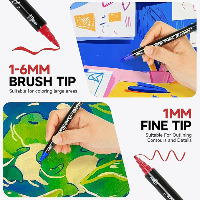 Acrylic Paint Markers, 48 Color Dual Tip Acrylic Paint Pens with Brush and Fine Tips for Rock Painting,Wood,Canvas,Ceramic,Card Making,Vibrant Color Ideal for Artists, Crafters & DIY Projects