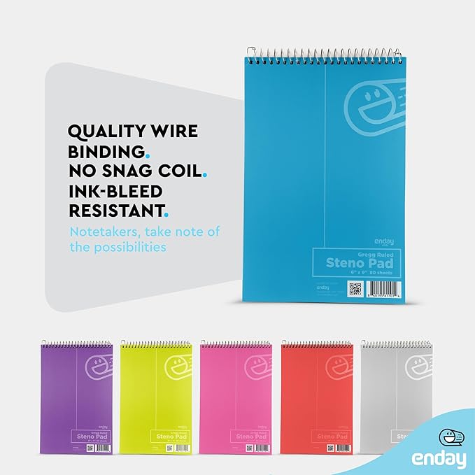 Enday Steno Pads Spiral 6 x 9 inches, Gregg Rule White Paper, 80 Sheets Steno Notebook for writing in Pink, Purple, Green, Blue, Red, Grey, Color May Vary (3 Pack)