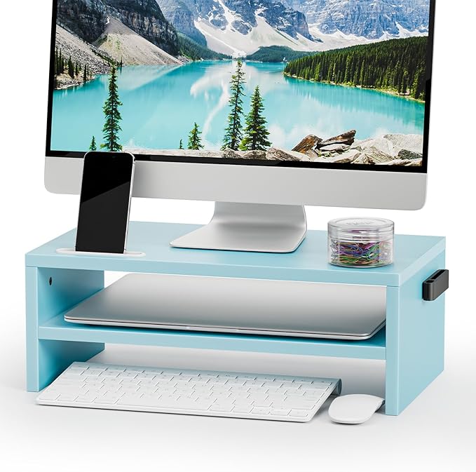 Marbrasse Monitor Stand Riser, 16.5 Inch 2 Tier Computer Printer Shelf Stand for Laptop Computer Screen Storage, Desktop Stand with Phone Holder and Cable Management (Blue)