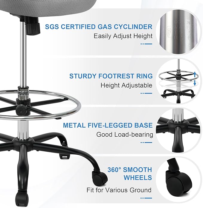HYLONE Drafting Chair Tall Office Chair with Flip-Up Armrests Ergonomic Computer Chair with Lumbar Support Adjustable Footrest Ring Mesh Standing Desk Chair (Black)