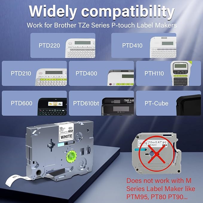 6Pack TZe-231 Tape Label Maker Compatible with Brother P-Touch TZe-231 Tape, TZE231 ½” 0.47”x 26.2 ft Laminated Black on White, for use with PT-D210, PT-H110, PT-D220, PT-D410, PT-D600