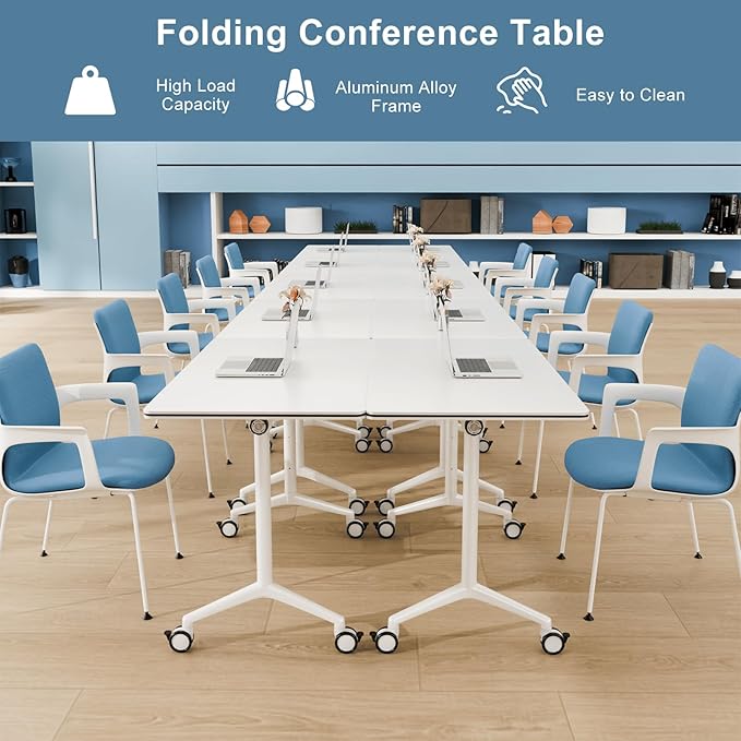 4Pack Folding Conference Room Table, Modern Conference Tables with Silent Wheels, Large Rectangular Mobile Training Tables for Office Classroom, Foldable Modular Seminar Table White (L70.9in)
