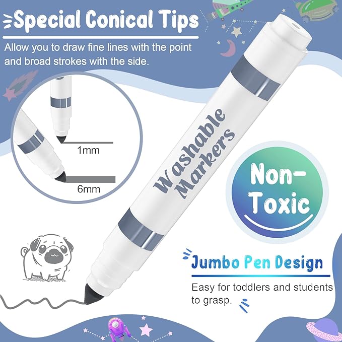 Janlaugh 60 Pcs Gray Washable Markers Bulk Coloring Broad Line Markers for Kids Conical Tip Gray Drawing Pens for Classroom Back to School Travel Art Baby Shower Gender Reveal Supplies, Ages 6+