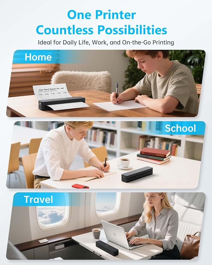 Inkless Portable Printer for Travel, Wireless Thermal Printer Support 8.5 x 11 Inch US Letter A4 B5, Bluetooth Mobile Printers with iOS, Android, Laptop for Home Use, Car, Office, School, Black