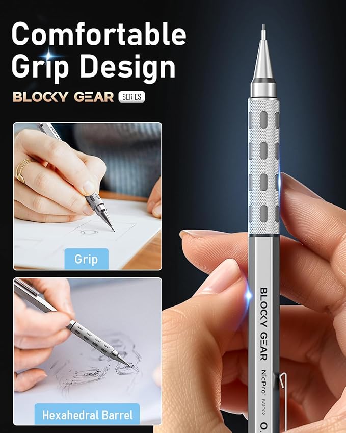 Nicpro Blocky Gear 0.5 mm & 0.7 mm Mechanical Pencils Set in Case, Metal Pencil with 6 Tube Lead Refills, Eraser, Eraser Refills for Professional & Adult Art Writing Drafting Drawing Sketching