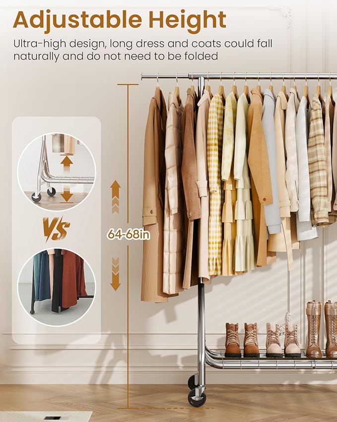 Heavy Duty Clothing Rack, Metal Clothes Rack Load 450 LBS, Rolling Coat Racks for Hanging Clothes with Lockable Wheels, Wardrobe Closet Garment Racks for Bedroom, Silver