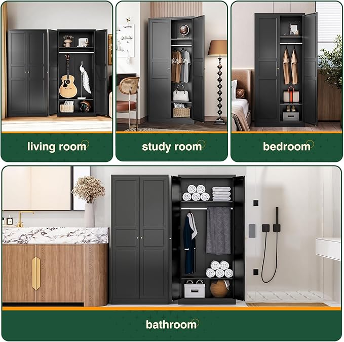 Letaya Wardrobe Armoire Closet,72" H Metal Storage Cabinet with Adjustable Shelves and Hanging Rod,Bedroom Armoire Cabinet Clothes Organizer (Black)
