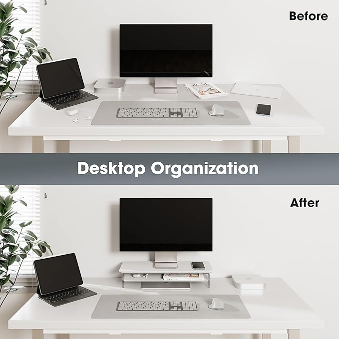 Fenge Acrylic Monitor Stand Riser, 23.6 Inches Monitor Stand with Metal Storage, 2 Tier Acrylic Computer Riser for Desk, Clear Laptop Stand for PC, Laptop, Printer, TV, White