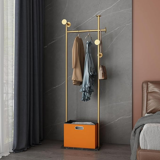 Coat Rack Freestanding with Storage Basket Heavy Duty Clothes Rack Marble Base Modern Coat Stand for Bedroom Living Room Hotel 13.39" D x 19.69" W x 68.9" H (Gold)