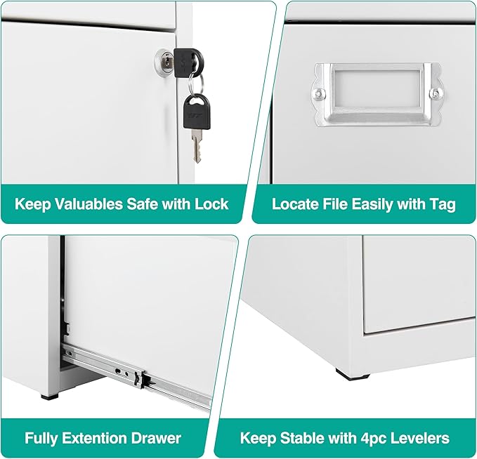 SISESOL 2 Drawer File Cabinet with Lock and Tag,Narrow Two Drawer Filing Cabinet,Vertical Metal File Cabinets,White Small Filing Cabinets for Home Office Fit Letter/A4/Legal Size File,Easy Assembly