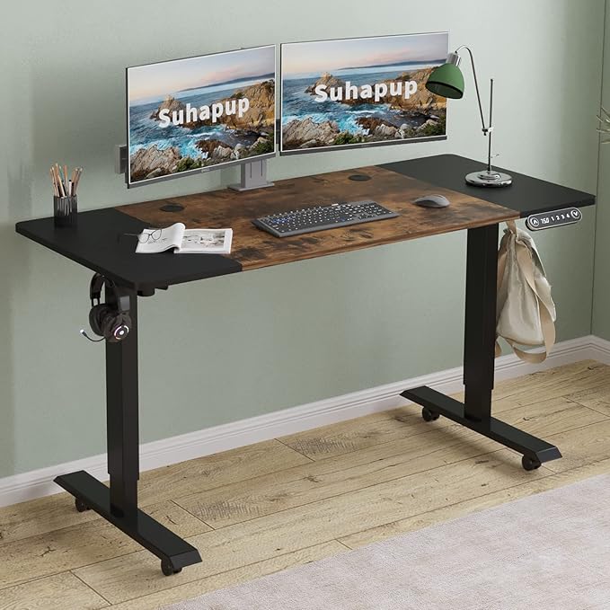 Electric Adjustable Height Standing Desk, 55 x 24 inches Sit - Stand Desk for Work or Home Office 4 Preset Heights Easy to Set， Rustic Brown + Black Splice Board/Black Frame