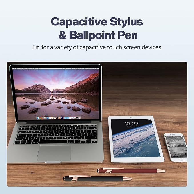 8 Pieces Ballpoint Pen with Stylus Tip Black Ink 2 in 1 Stylus Metal 1.0 mm Medium Point Smooth Pen Rainbow Colorful Rubberized Ballpoint for Touch Screen Tablet(Red, Green, Navy, Black)