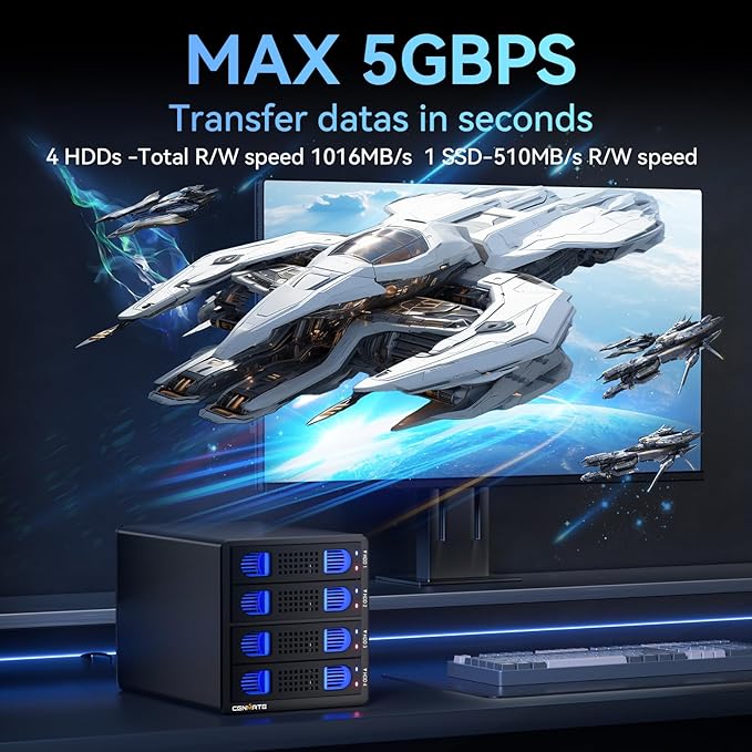 4 Bay Hard Drive Enclosure with Cooling Fan for 2.5/3.5" SATA HDD/SSD with USB A/C 3.0 Cable, Tool-Free HDD Enclosure, 3.5 Hard Drive Enclosure Support 80TB, Hot Swappable(NO RAID/NAS)