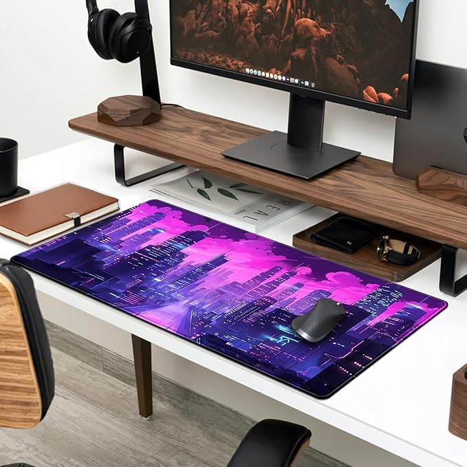 Desk Pad Cyberpunk Purple Desk Mat City Skyline Gaming Extended Mouse Pad Big Office Keyboard Pc Laptop for Women Large Mousepad with Stitched Eges Non-Slip Base Mouse Keyboard Mat 31.5x11.8 in