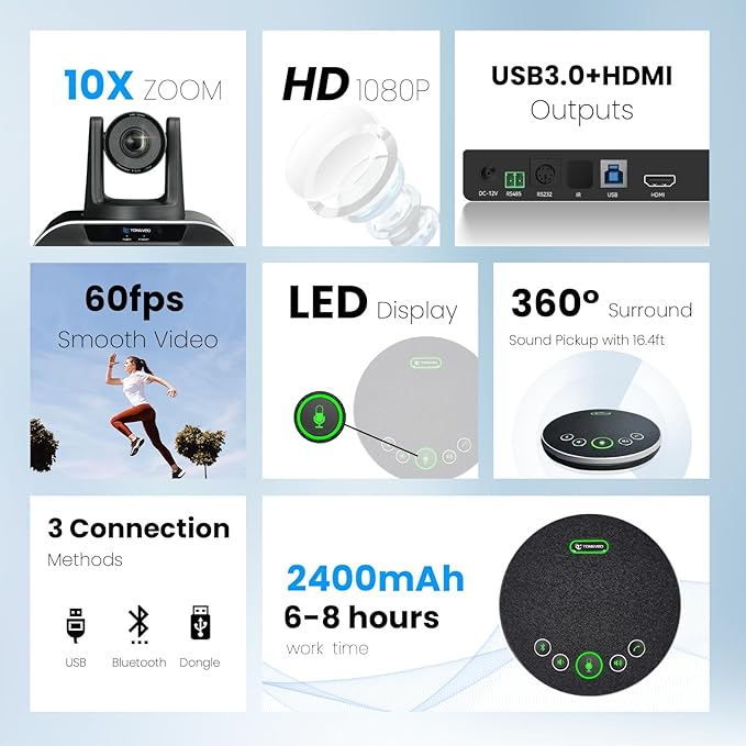 10x Zoom Conference Room Video Camera System, All-in-One HD 1080P 60fps 10X Optical Zoom USB3.0 HDMI PTZ Camera and Bluetooth Conference Speaker with Microphones Bundle for Medium Room