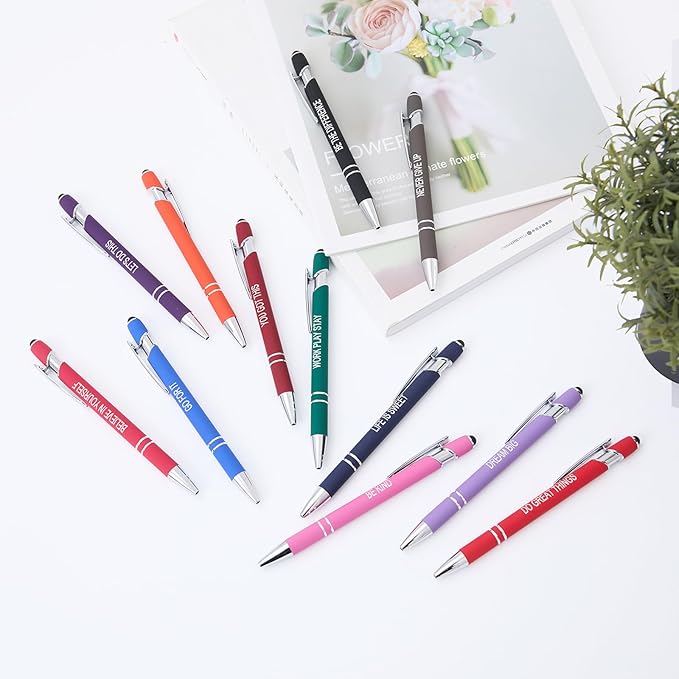 Funny Pens - 12 Pack Fine Point Smooth Writing Pens with Inspirational Tips, Black Ink, Touch Stylus Screens, Motivational Gift for Office & Desk Accessories
