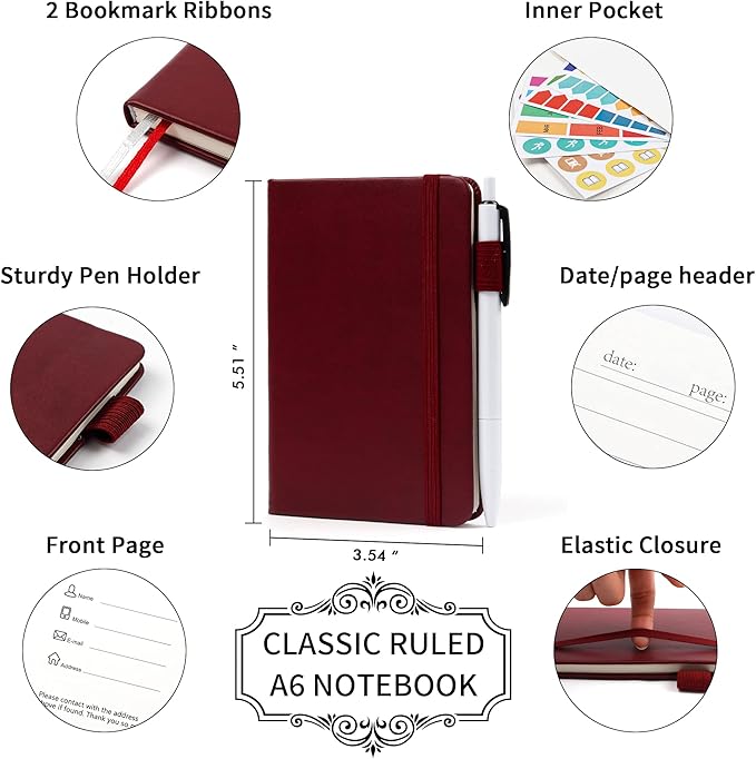 feela 15 Pack Pocket Small Notebooks Bulk, Mini Cute Notepads Hardcover College Ruled Lined Journals with Pen Holder for School Business Memos, with 15 Black Pens, 3.5”x 5.5”, A6, Wine