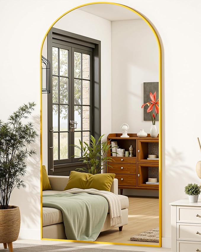 Full-Length Floor Mirror with Stand, 78"x38" Arched Style Full Body Standing Mirror for Bedroom, Living Room, Gym, Dorm - Shatter-Resistant & Easy Assembly, Gold