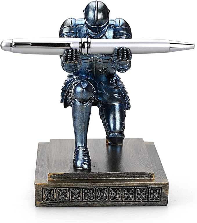 Knight Pen Holder Pen Stand Desk Organizers and Accessories Resin Pencil Holder as Gift with a Fancy Pen for Office and Home Desk Organizer (Blue)
