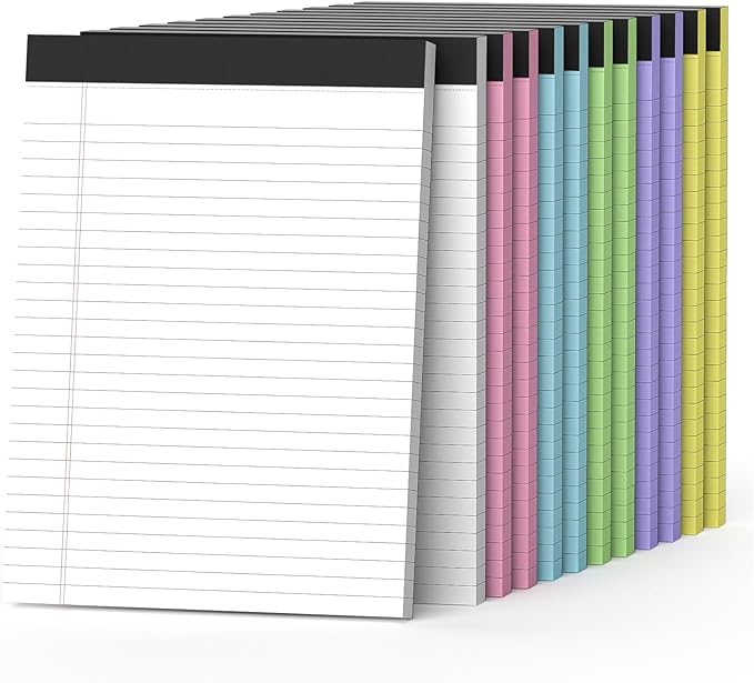 12 Pack Colored Legal Pads 8.5" x 11" Note Pads Wide Ruled Lined Paper with Micro-Perforated Writing Notebook 30 Sheets per Pad (360 Total Pages) Notepad for School, Office & Home Supplies