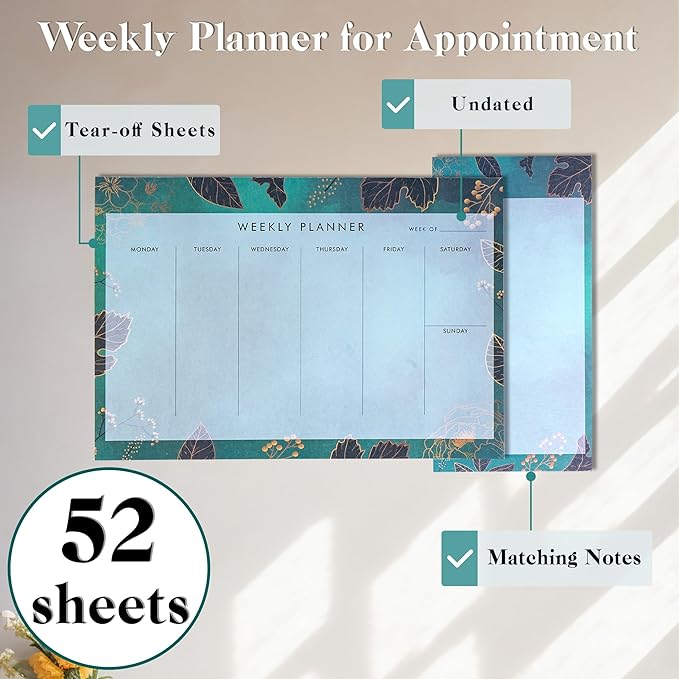 Undated Weekly Planner Notepad 10x7 To Do List Note Pad 52 Weekly Desk Planner Calendar Tear Off Daily Planning Pad for Work,School,Home,Ofiice Supplies, Matching Notepad,Green
