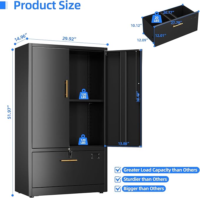 1 Drawer Lateral File Cabinet with Lock, Metal Filing Storage Cabinet with Locking Doors and Adjustable Shelf for Home, Office, School, Fits A4/Letter/Legal Size Folders, Black