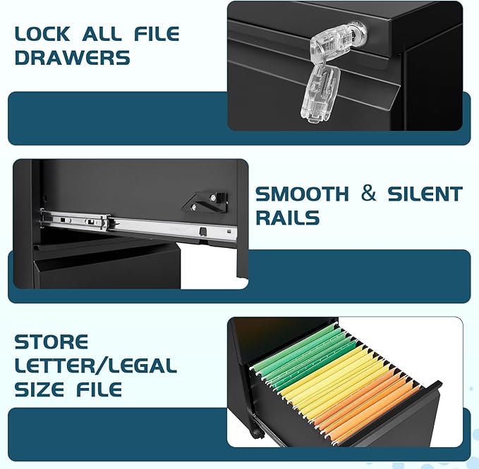 MIIIKO 2 Drawer File Cabinet on Wheels, Home Office Mobile Under Desk with Lock, Vertical Files Drawers for Legal/Letter/A4,Fully Assembled