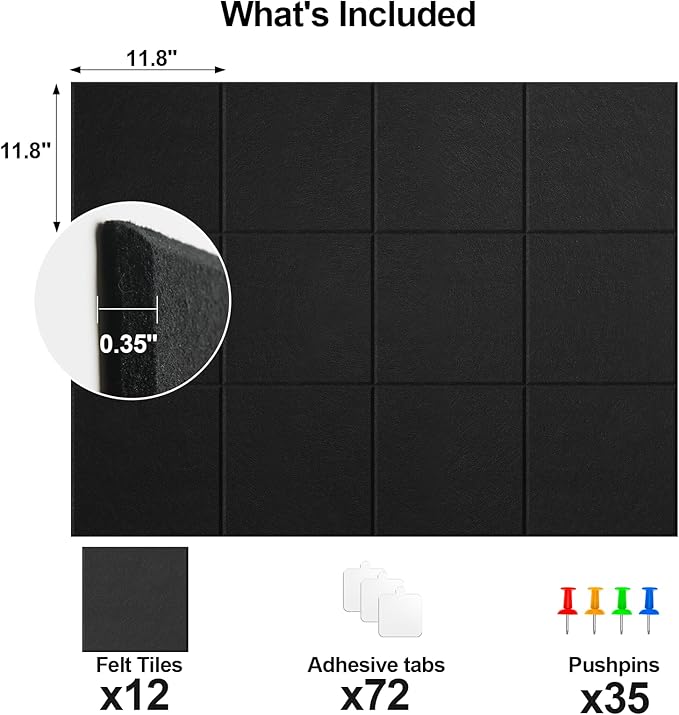 Large Cork Board for Walls 47" x 35" 12 Pack Black Bulletin Boards Felt Wall Tiles with Safe Removable Adhesive Corkboards for Office Home,Black