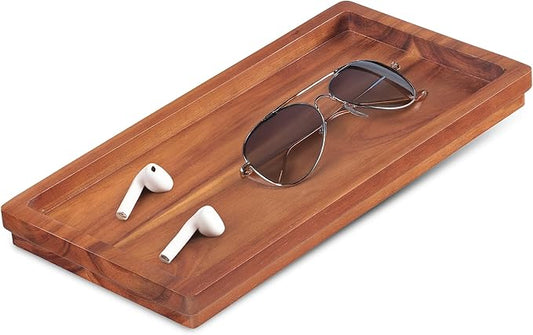Demigo Acacia Wood Valet Tray & Catchall (11.9x6x1 inch) - Wooden Desk Organizer for Office Supplies, Keys, Wallet & Mail - Entryway & Nightstand Decor