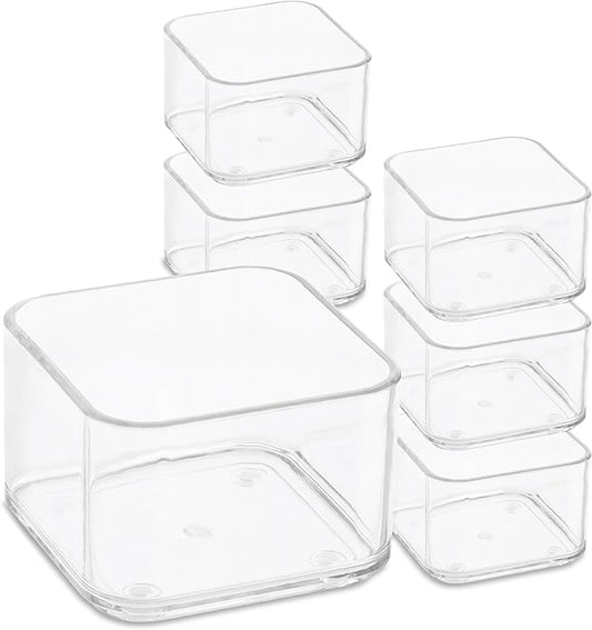 Plastic Clear Acrylic Drawer Organizers. Bathroom, Kitchen, Bedroom, Utensils, Office Organizer Bins, Storage Trays. Heavy Duty, Stackable. 3" x 3" x 2" Set of 6