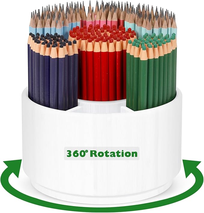 Bamboo Rotating Round Art Supply Organizer, Pencil Holder Desk Organizer with 7 Compartments, Office Supplies Desktop Storage Caddy for Colored Pencils(white)