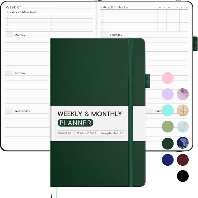 Undated Weekly Planner for 2025, Forvencer Simplified Weekly & Monthly Calendar Planner, Cute Daily Organizer Notebook, Agenda Journal to Track Goals & Tasks, Start Anytime, A5 Size, Dark Green
