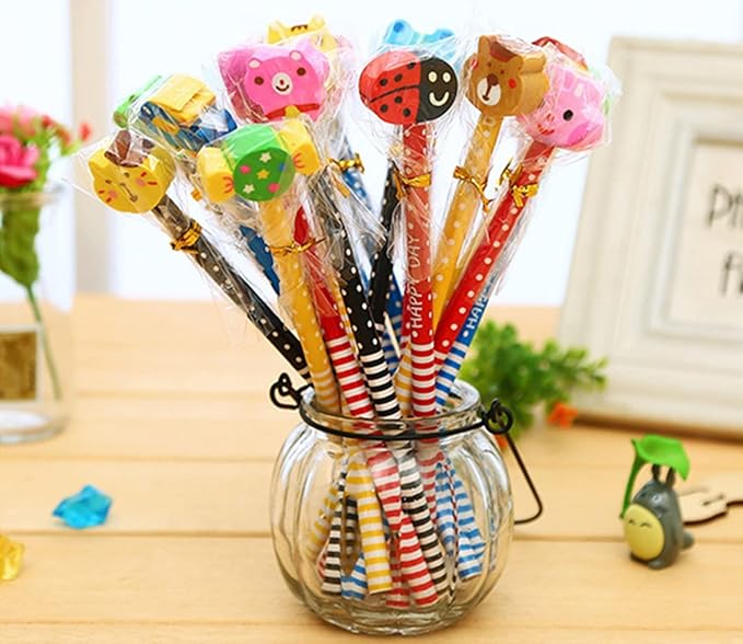 Yansanido Pack of 20 Colorful 7.28 Inch Length Random Cartoon Eraser Pencils, Cute Pencils for Office, School Supplies Students Children Gift (20)