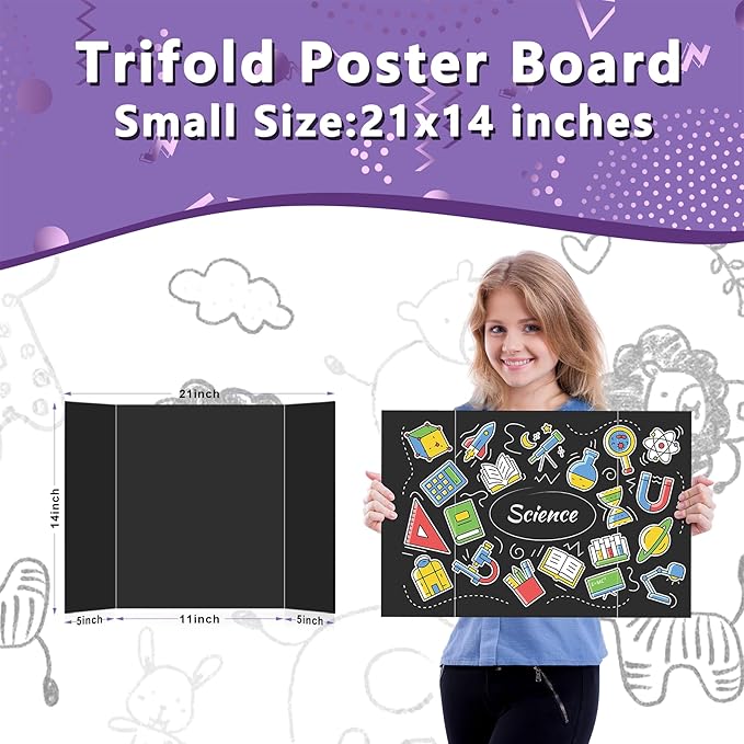 4 Pack Small Trifold Poster Board 21" x 14" Tri Fold Poster Boards Black Corrugated Cardboard Project Boards for Presentations, School Projects, Science Fair, Exhibition Event Display