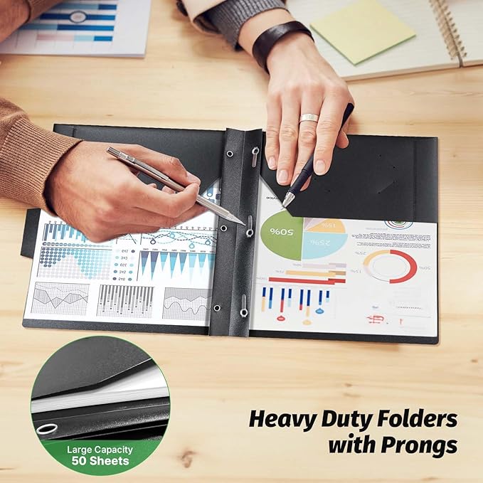 Plastic Folders with Pockets and Prongs,12 Pack 2 Pocket Folders with 3 Fasteners,Upgrade Tabs,Heavy Duty Pocket Folder with Brad, Black Folders with Card Slot,Colorful Labels,Letter Size