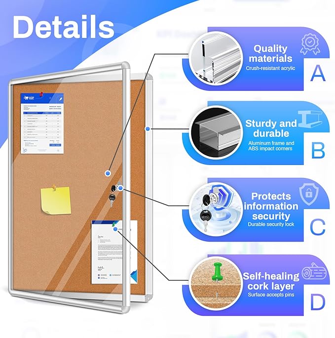 Magula 36"x24" Enclosed Cork Bulletin Board Tamper-Proof Dispaly Case, Aluminium Frame, Shatter Resistant Lockable Bulletin Board, Enclosed Cork Board for School, Office, Commercial, Hospital etc