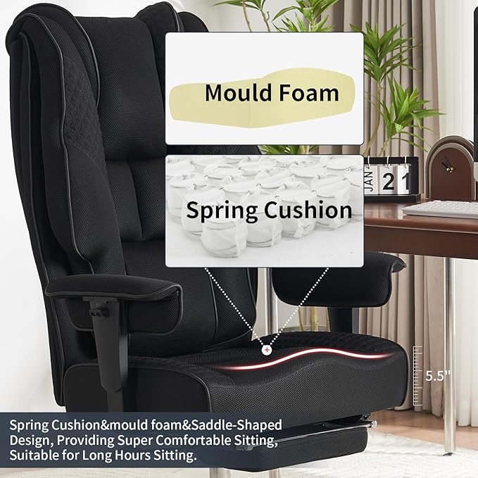 Big and Tall Office Chair 400lbs Wide Seat, Leather High Back Executive Office Chair with Foot Rest, Ergonomic Chairs Lumbar Support for Lower Back Pain Relief (Mesh Black)