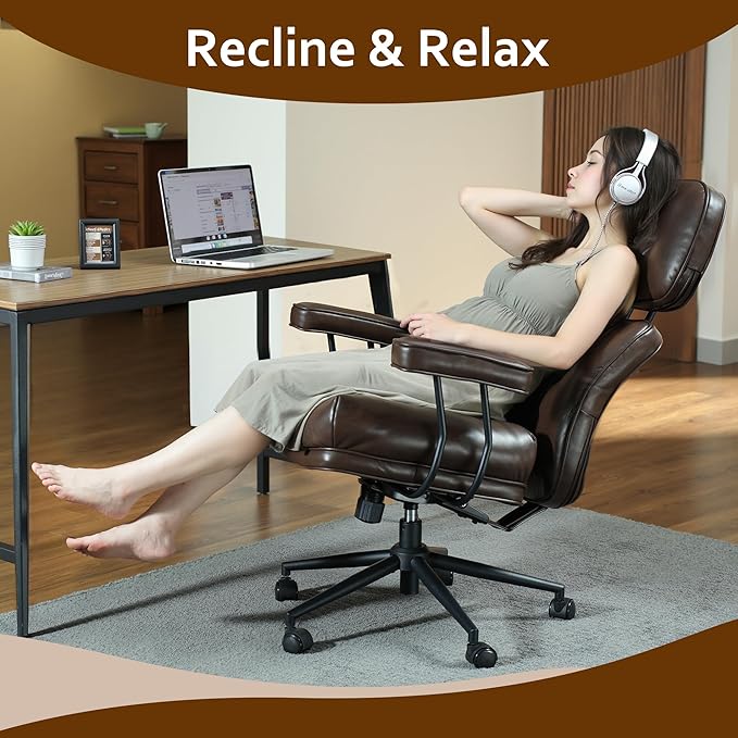 Faux Leather Executive Big and Tall Office Chair - Reclining Task Swivel PC Chair with Lumbar Support, Dark BrownPU