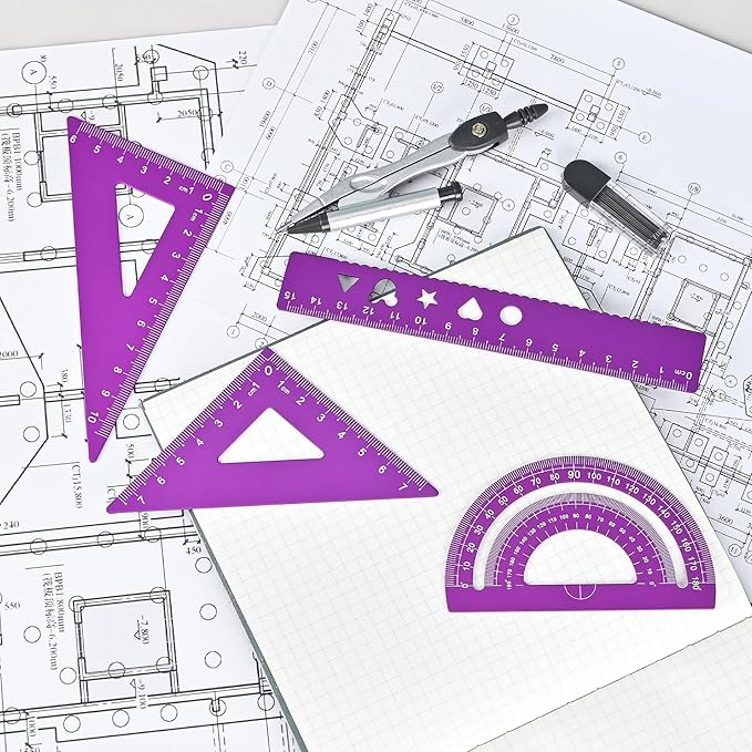 6 Pcs Metal Geometry Set, Math Geometry Kit, Metal Ruler Set and Compass Geometry Tool, Rulers Protractor and Compass Set for Student School and Drawings Supplies (Purple)