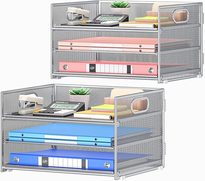 Subekyu 2-Pack 3-Tier Silver Metal Mesh Desk Paper Letter Tray & File Sorter Organizer with Handle + 1 Sliding Tray for Desk, Home, Office, School Supplies, A4 Paper and Accessories Storage
