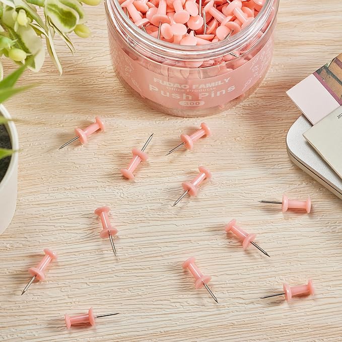 FUDAO FAMILY 300pcs Push Pins for Bulletin Board, Thumb Tacks for Wall Corkboard, Map Pins - Home Office School Craft Projects Plastic Head Steel Push Pin (Pink)