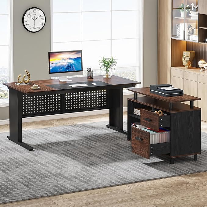 Tribesigns 63 Inch Executive Desk with File Cabinet, Large Office Desk L Shaped Computer Desk with Drawers and Storage Shelves, Business Furniture Desk for Home Office, Dark Walnut and Black