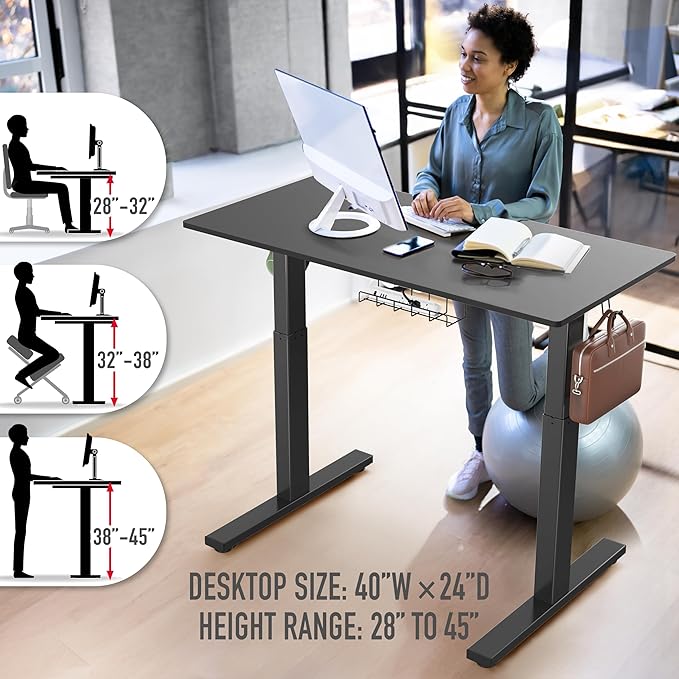 SHW 40-Inch Electric Height Adjustable Standing Desk with Drawer, Memory Preset and Cable Management Tray, Black