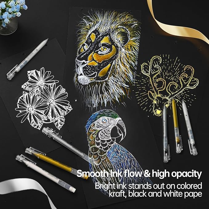 Gold Gel Pens, 1.0 mm Extra Fine Point Gel Ink Pens, Opaque Gold Archival Ink Pens for Black Paper Drawing, Sketching, Card Making, White Gel Pen for Artists Drawing, 3 Pack