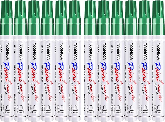 Green Permanent Paint Pens Paint Markers - 12 Pack Oil Based Markers, Quick Drying and Waterproof Marker Pen, Car Tire, Metal, Rock Painting, Wood, Fabric, Plastic, Canvas, Mugs