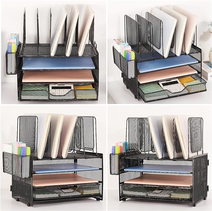 Desk Organizers and Accessories, 3-Tier Paper Organizer with 5 Vertical File Holders, File Organizer for Desk (Black With Drawer, 3T With Drawer)