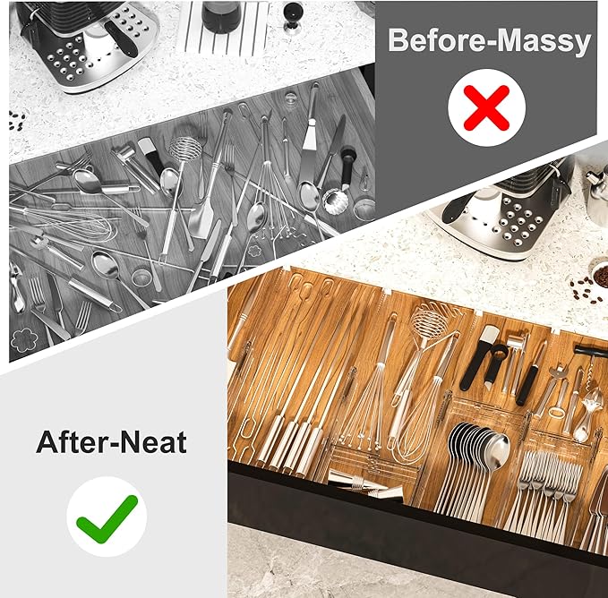 HiYZ Expandable Drawer Dividers - 12.6-22.8'' Adjustable Drawers Organizers for Kitchen Utensils, Drawer Separators in Bedroom, Dresser, Office, Bathroom, Fridge, 8 Pack Long Dividers-Clear