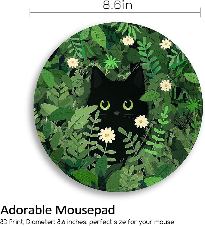 Black Cat Floral Mouse Pad, Small Round Mouse Pads for Desk, Cute Mini Travel Mousepad for Wireless Computer Laptop, Office Desk Accessories, 8.6 x 8.6 inch